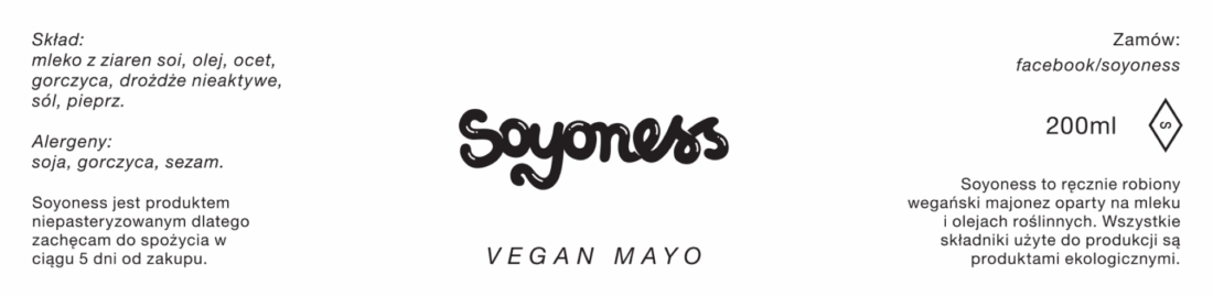 Soyoness – projekt etykiety wegańskiego majonezu z logo i informacjami o produkcie