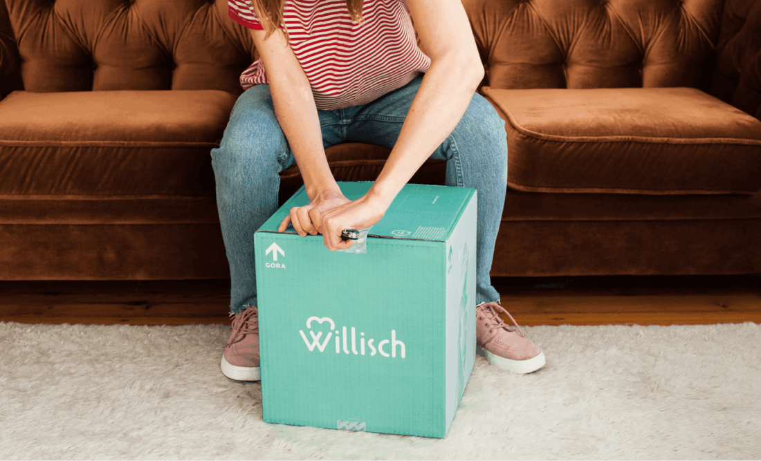 Willisch – turkusowy karton wysyłkowy z logo marki lodowej