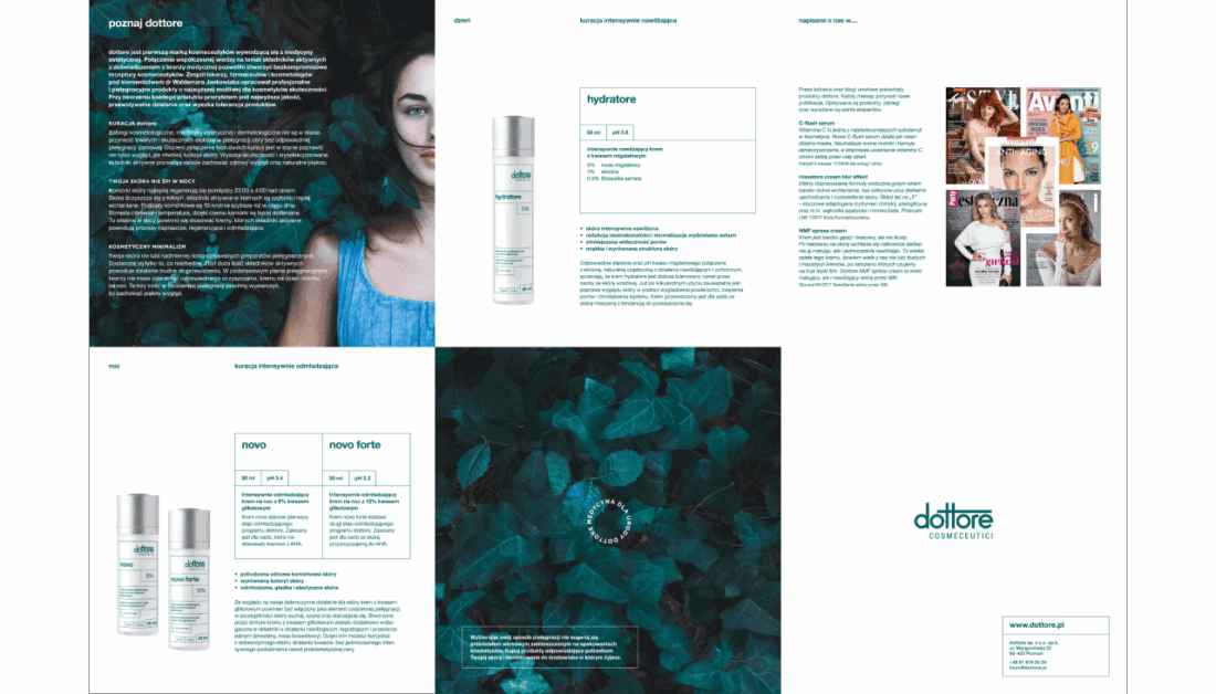 Dottore – projekt katalogu kosmetyków z fotografiami produktów i typografią
