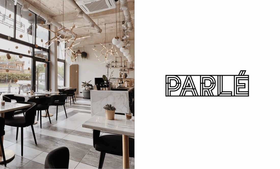 Parlé Patisserie – projekt logotypu zestawiony z wnętrzem kawiarni