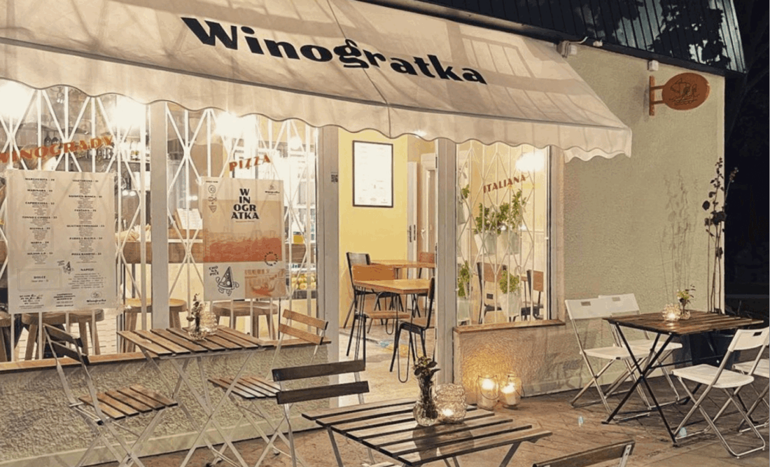 Winogratka – identyfikacja wizualna pizzerii na markizie i witrynie