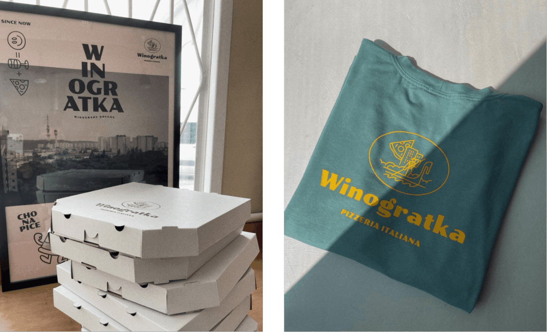 Winogratka – opakowania na pizzę i koszulka z identyfikacją pizzerii