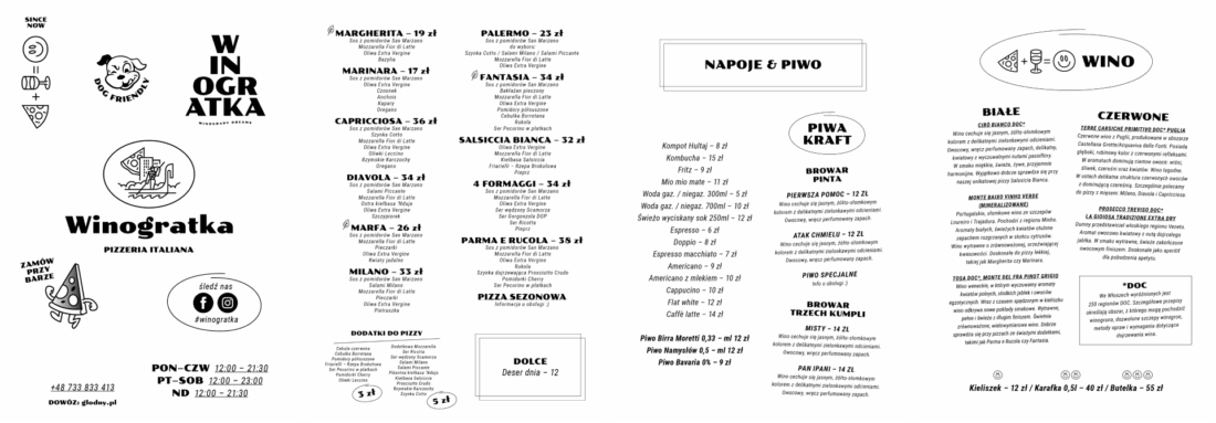 Winogratka – projekt menu pizzy, napojów i karty win