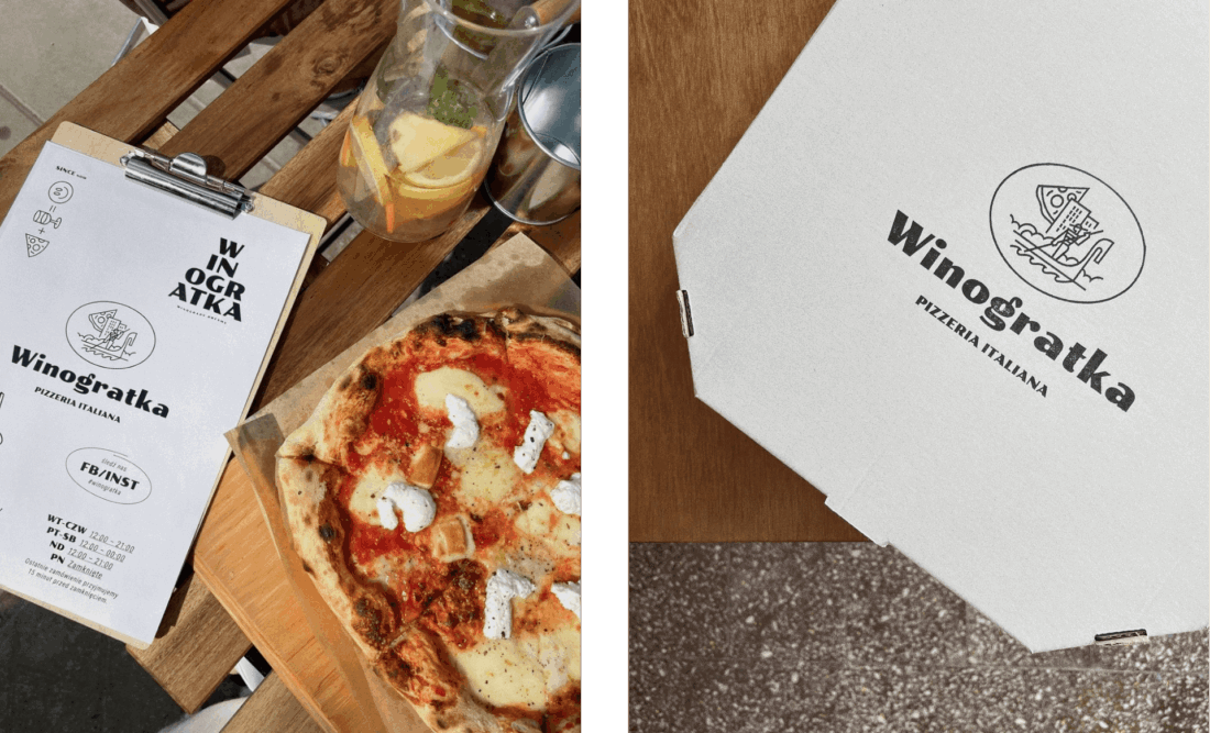 Winogratka – projekt menu i pudełka na pizzę z logo pizzerii