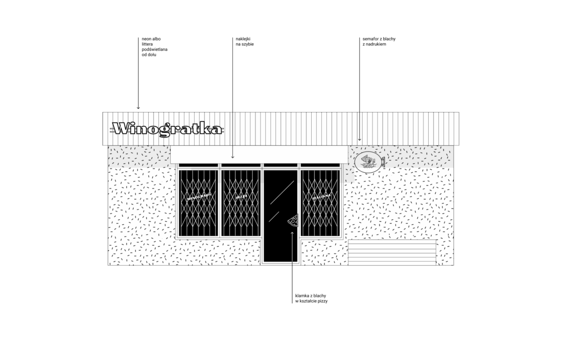 Winogratka – projekt oznakowania fasady pizzerii z logo i szyldem
