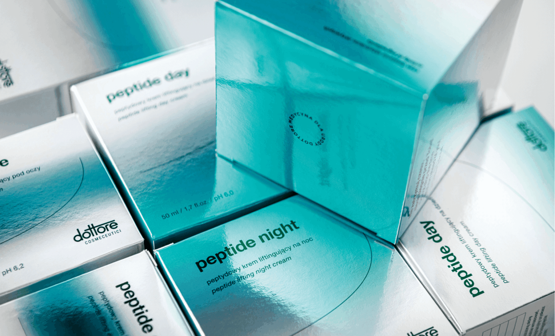 Dottore Peptide – projekt opakowań kosmetyków z lustrzanym wykończeniem i turkusowym gradientem
