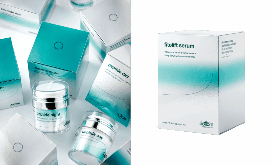 Dottore Peptide – opakowania kremów i serum z efektem srebrnego lustra