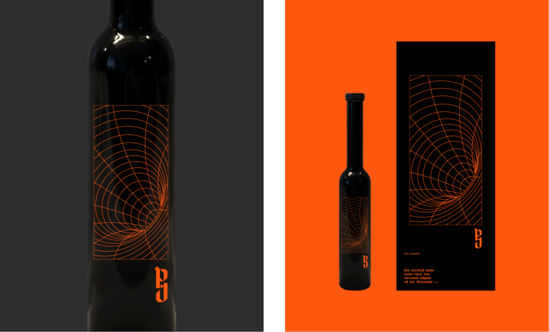 Piwo Jopejskie – projekt czarnej etykiety z pomarańczową grafiką i monogramem