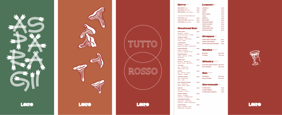 LORO – projekty grafik promocyjnych i karty napojów włoskiej restauracji