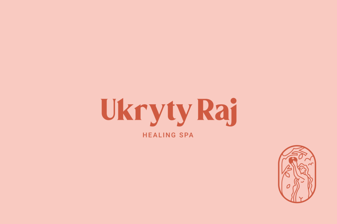 Ukryty Raj – logotyp Healing SPA i sygnet na różowym tle