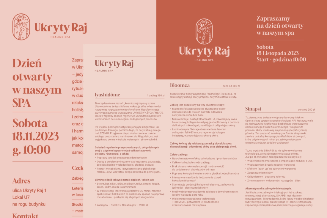 Ukryty Raj – projekt ulotki, zaproszenia i cennika zabiegów SPA