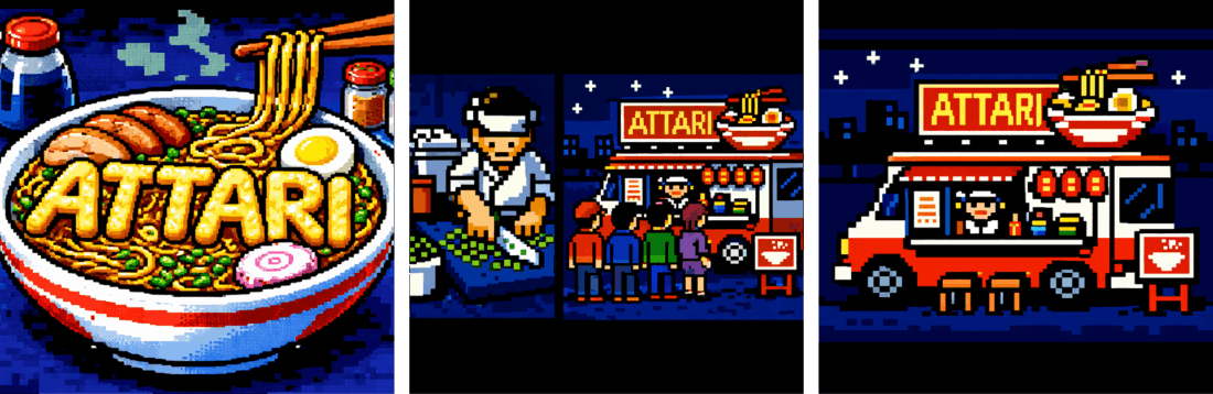 Attari Ramen – ilustracje pixel art z ramenem i food truckiem w identyfikacji marki