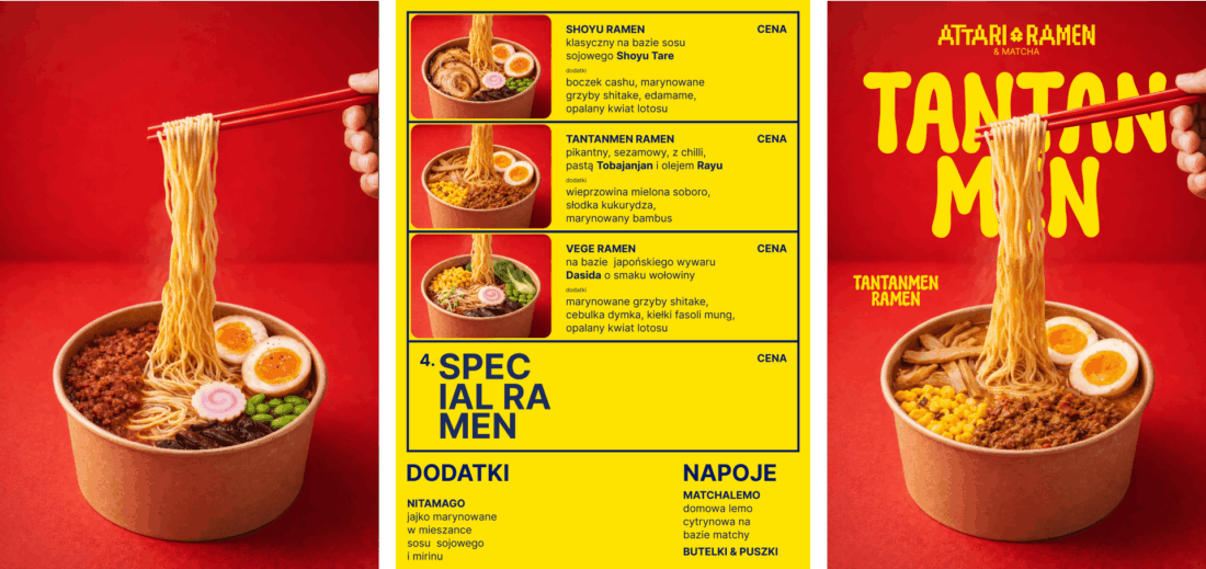 Attari Ramen – projekt menu i materiałów reklamowych z ramenem