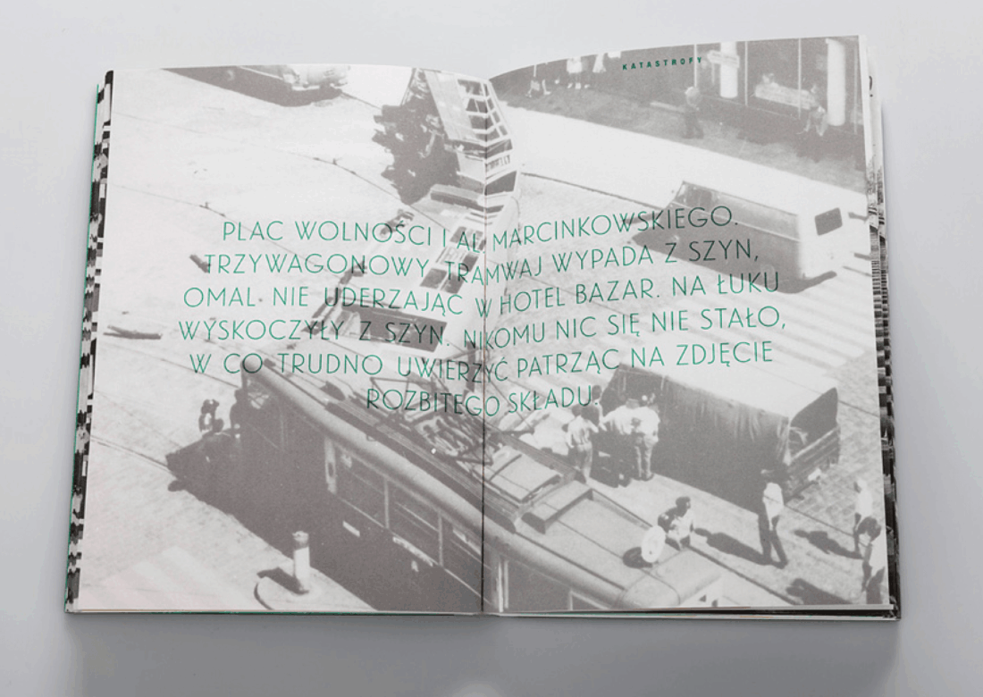 MPK Poznań – rozkładówka albumu z archiwalnym zdjęciem tramwaju i typografią