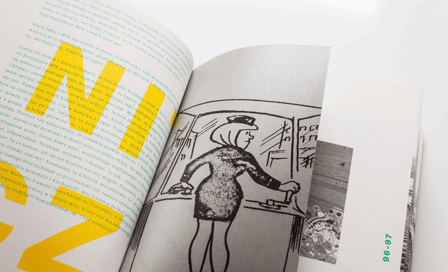 MPK Poznań – projekt rozkładówki albumu z archiwalną ilustracją i żółtą typografią