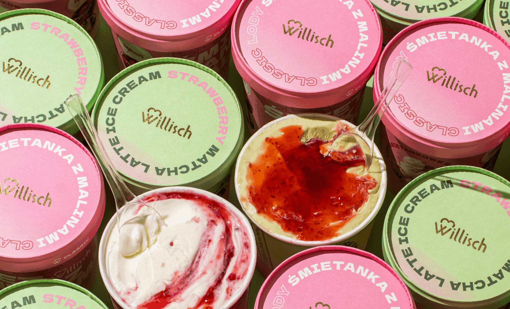 Willisch – projekt opakowań lodów Matcha Latte i Śmietanka z Maliną, widok z góry