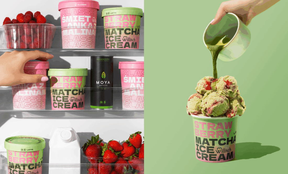 Willisch – art direction kampanii lodów Matcha Latte, kompozycje z lodówką i polewą matcha
