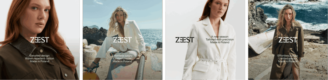 ZEST – kreacje reklamowe kolekcji odzieży z logotypem i fotografiami modelek