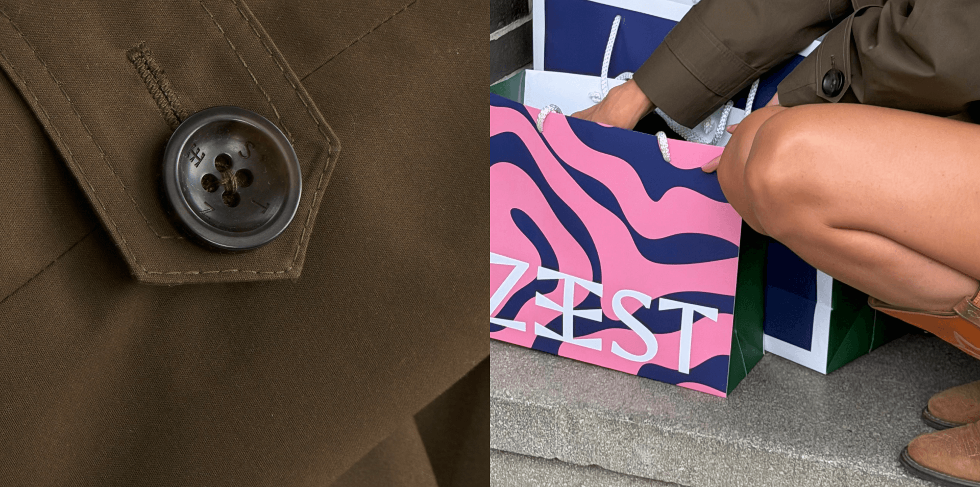ZEST – branding na guziku odzieżowym i kolorowej torbie zakupowej