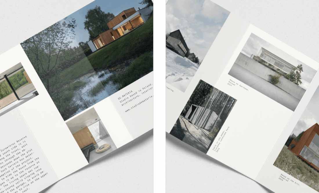 DE.MATERIA – projekt drukowanego folderu z realizacjami architektonicznymi