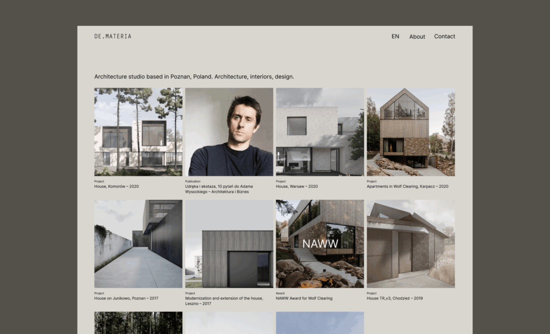 DE.MATERIA – projekt strony internetowej z portfolio architektonicznym