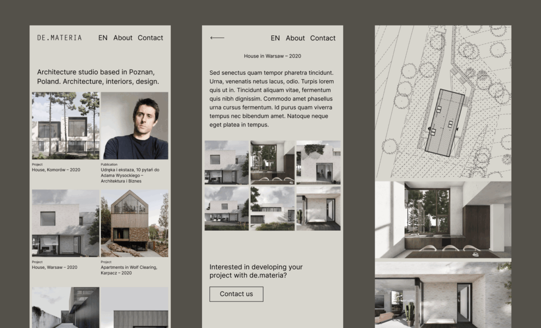 DE.MATERIA – projekt mobilnej strony internetowej studia architektonicznego
