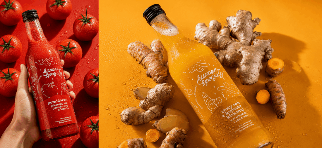 Kiszone Specjały – etykiety napojów fermentowanych w czerwonej i żółtej kompozycji produktowej