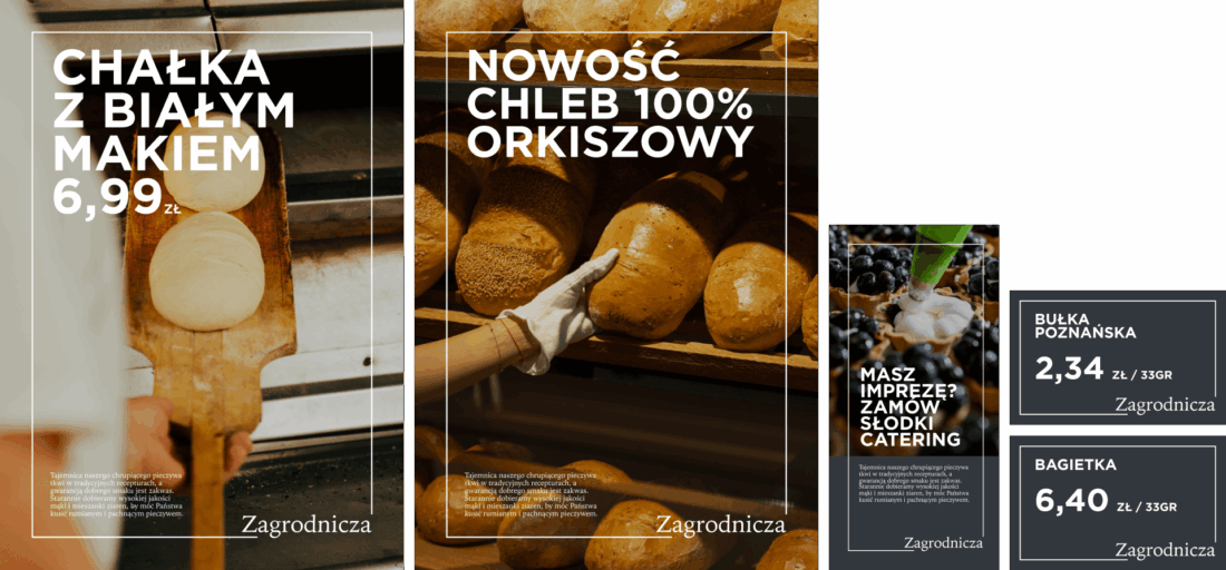 Zagrodnicza – projekty plakatów, ulotki cateringowej i etykiet cenowych